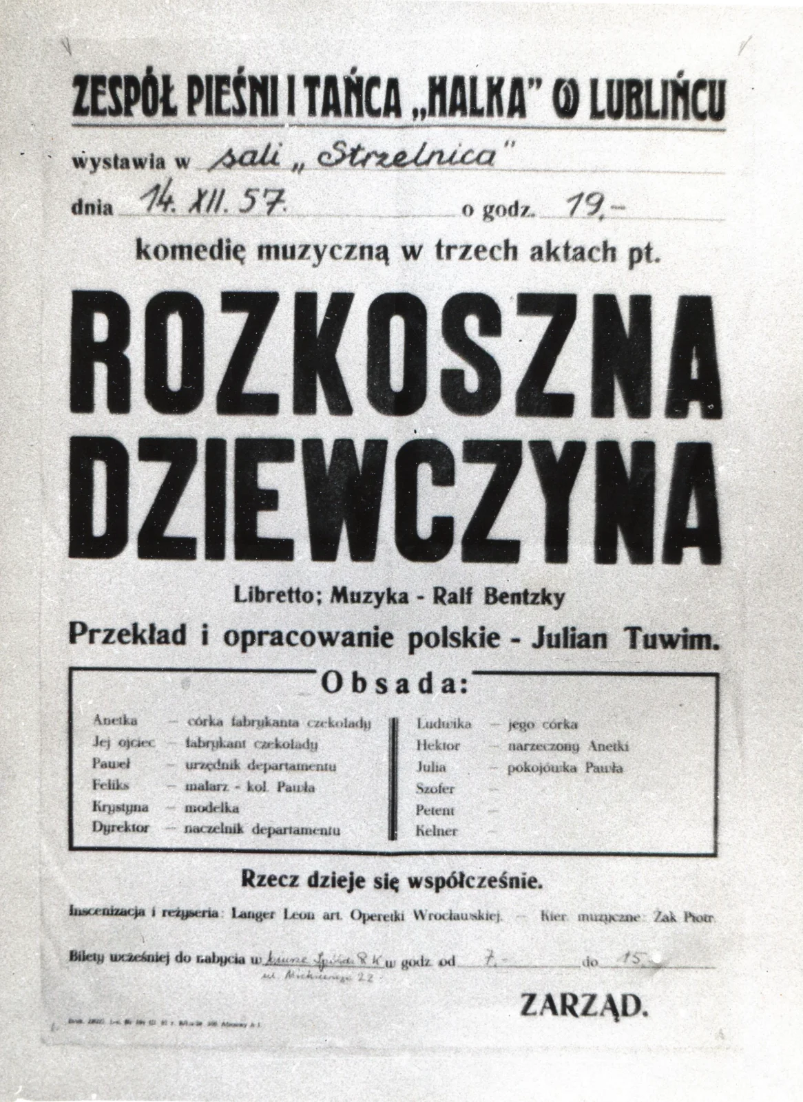 Oryginalny afisz komedii muzycznej Rozkoszna dziewczyna wystawianej przez Halkę
